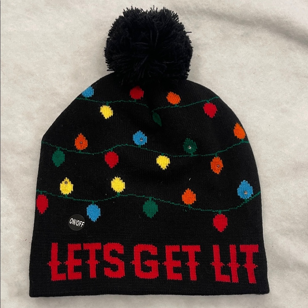 Festive adult knit hat Beanie w/ Pom Pom - Black and Multicolor winter light up